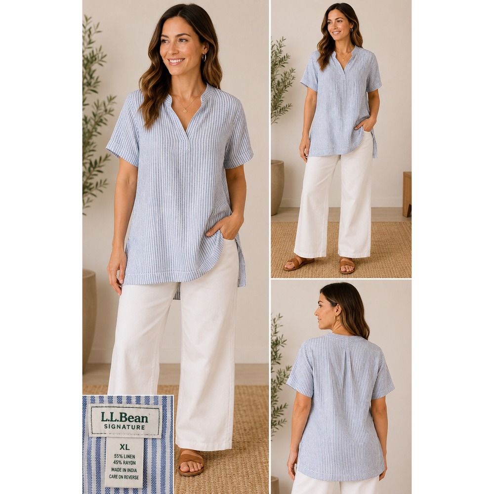 L.L.Bean Signature Linen Rayon Blue White Striped Split Neck Tunic Top Womens XL